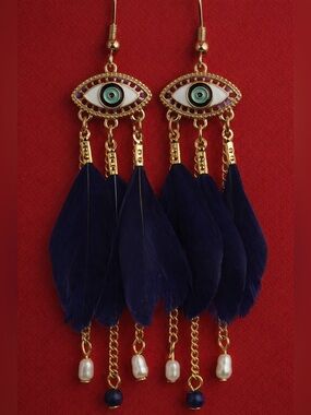 Claire's Gold Evil Eye Earrings with Navy Feathers and Pearl Drops